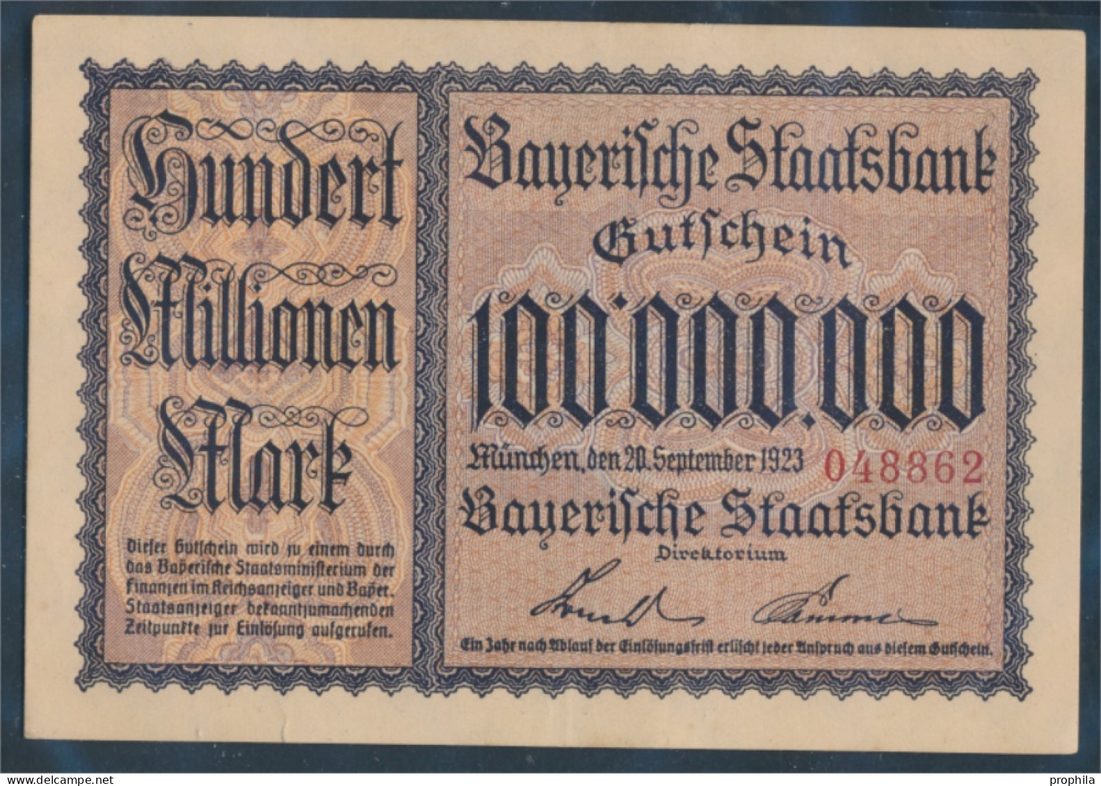 Bayern Inflationsgeld Bayerische Staatsbank Gebraucht (III) 1923 100 Millionen Mark (10288402 - 100 Miljoen Mark