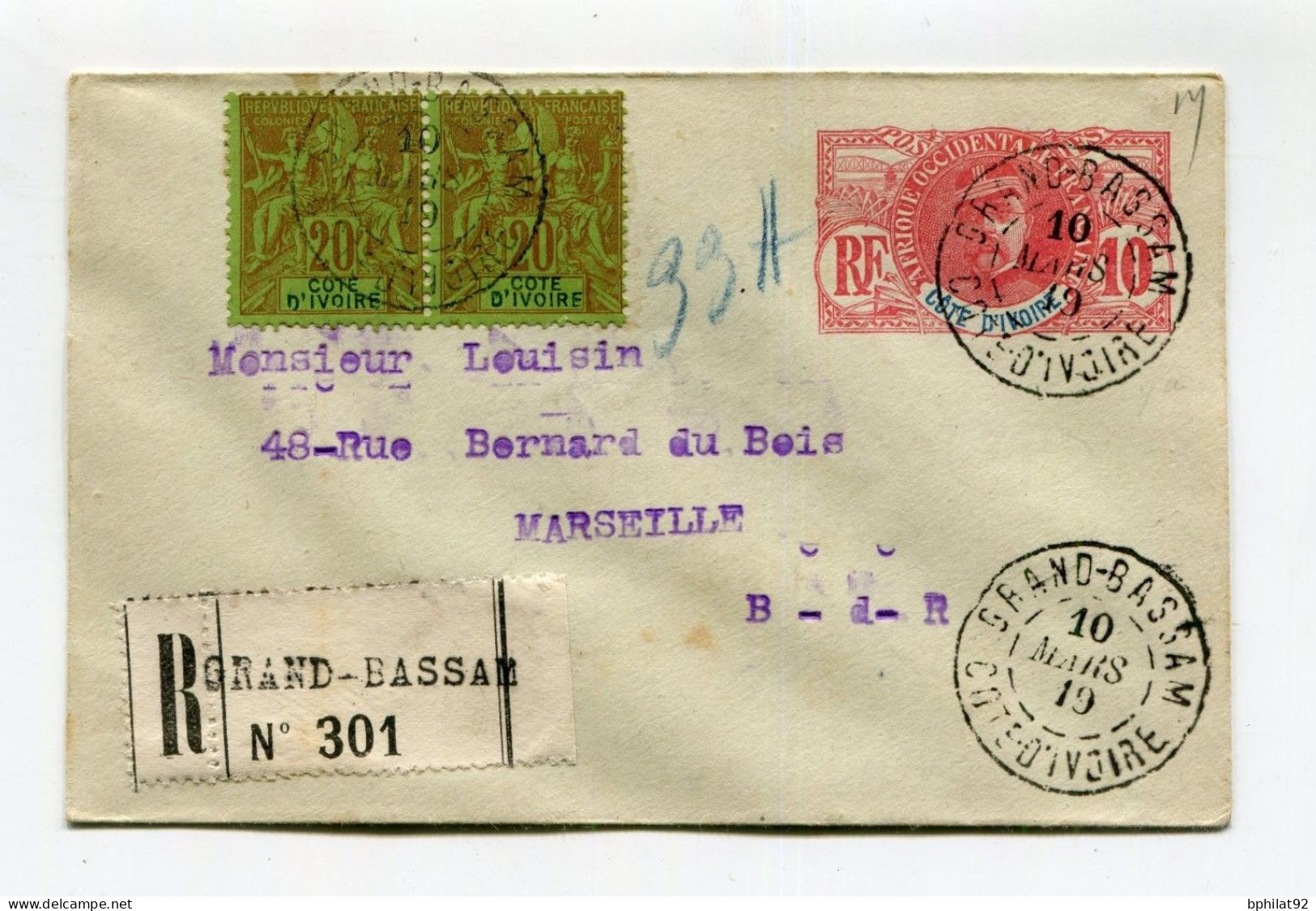 !!! COTE D'IVOIRE : ENTIER 10C FAIDHERBE + COMPLTS AFFRANCH RECOMMANDE POUR LA FRANCE DU 10/3/1919 - Lettres & Documents