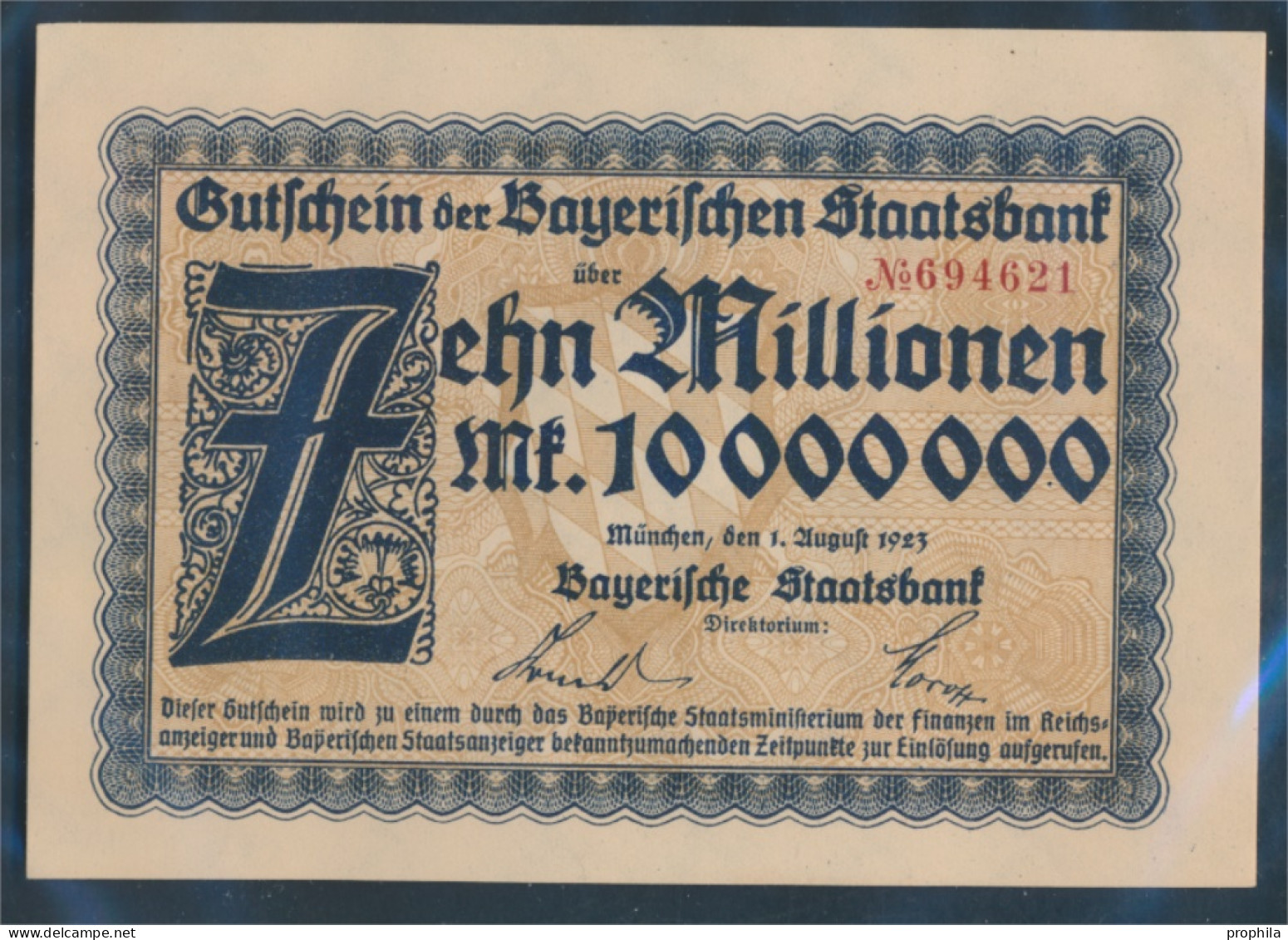 Bayern Inflationsgeld Bayerische Staatsbank Bankfrisch 1923 10 Millionen Mark (10288396 - 10 Miljoen Mark