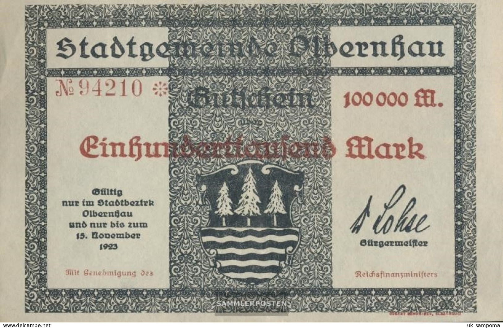 Olbernhau Inflationsgeld Municipality Olbernhau Used (III) 1923 100.000 Mark - 100000 Mark