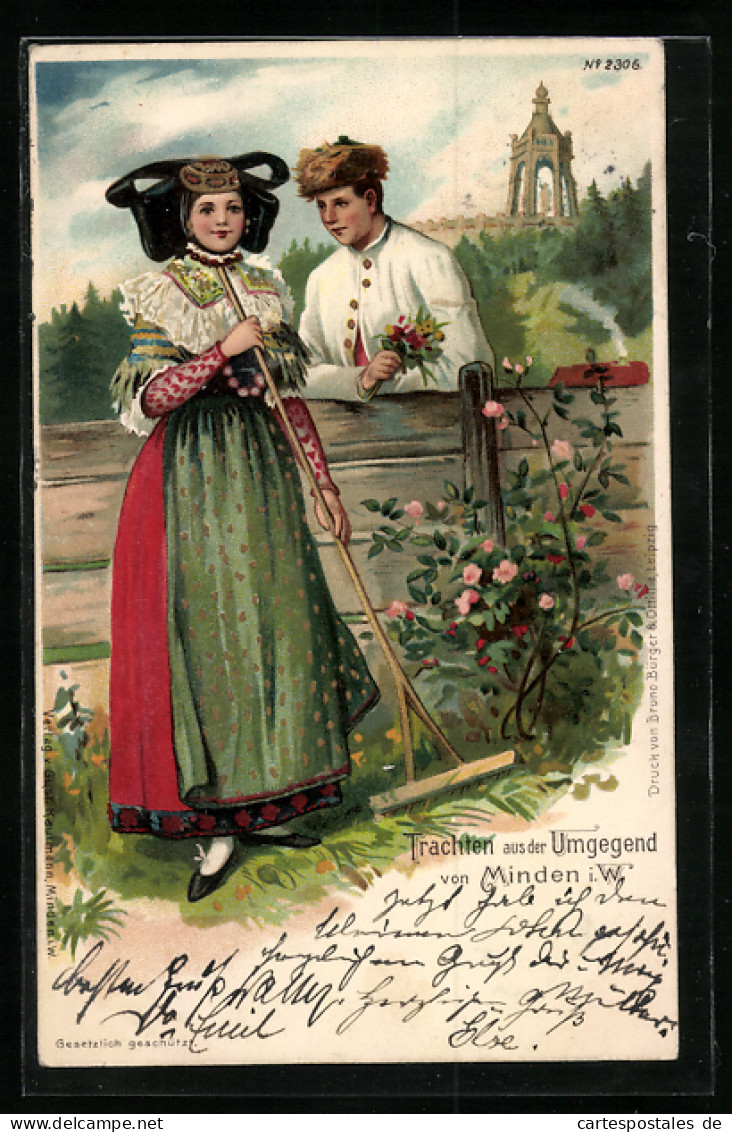 Lithographie Paar In Tracht Aus Der Gegend Von Bad Oeynhausen, Flirt Am Gartenzaun  - Costumes