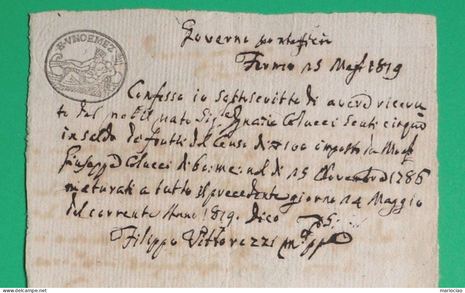 D-IT Governo Pontificio 1819 Fermo (Marche) Ricevuta Con Bollo Da 1 Baiocco E Mezzo - Historical Documents