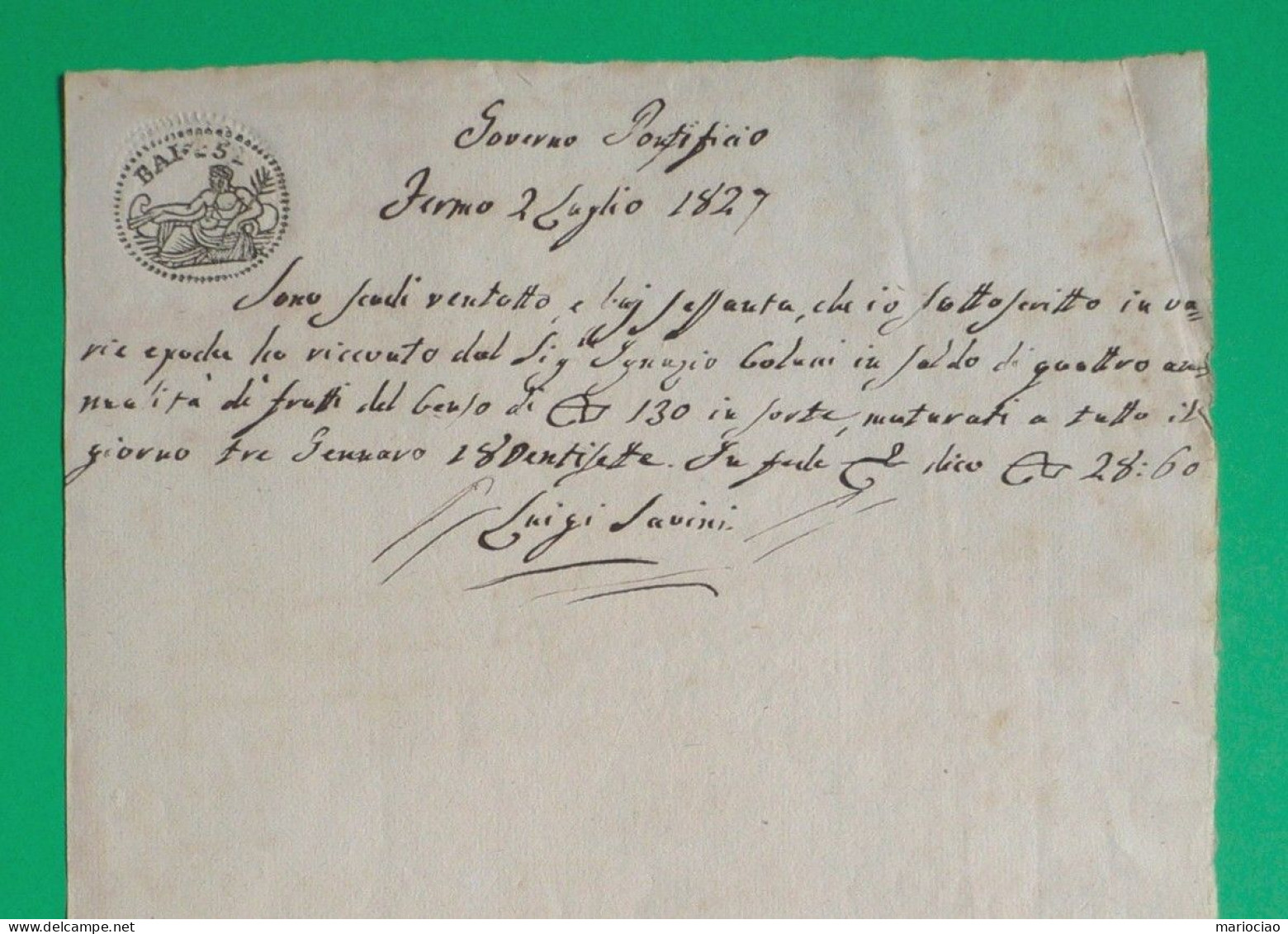 D-IT Governo Pontificio 1827 Fermo (Marche) Ricevuta Con Bollo Da 5 Baiocchi - Historische Documenten