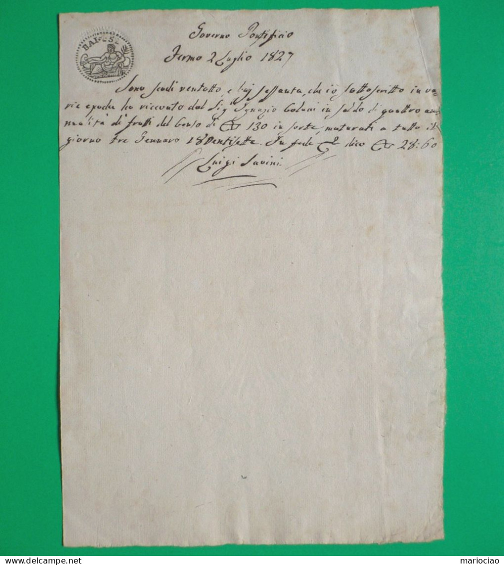 D-IT Governo Pontificio 1827 Fermo (Marche) Ricevuta Con Bollo Da 5 Baiocchi - Historische Documenten