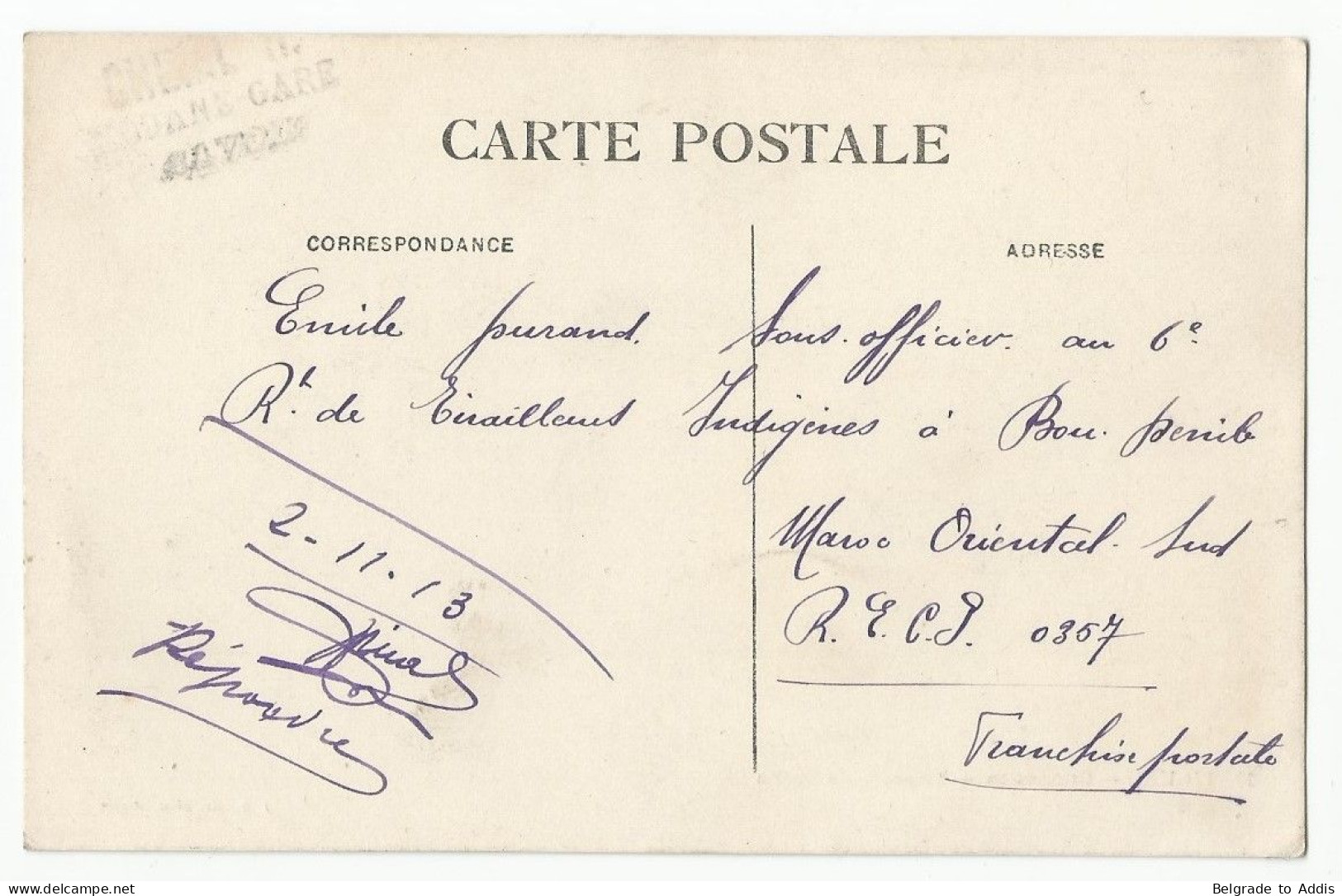 Maroc Oriental Carte Postale 1913 Armée Française Tirailleurs - Lettres & Documents