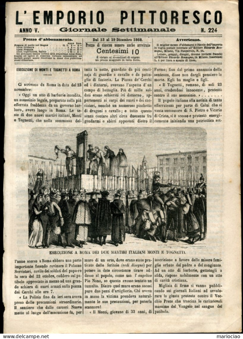 D-IT Governo Pontificio 1868 Decapitazione di Monti e Tognetti LIBRO+GIORNALE