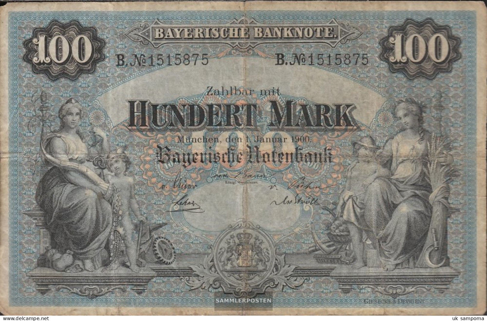 Bavaria Rosenbg: BAY3 Länderbanknote Bavaria Strong Used (IV) 1900 100 Mark - 100 Mark