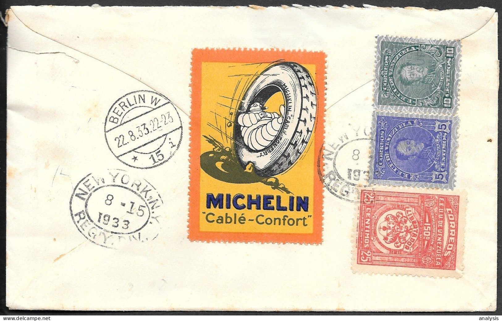 Venezuela Valencia Registered Cover Mailed To Germany 1933. 90c Rate. Michelin Tires Label - Venezuela