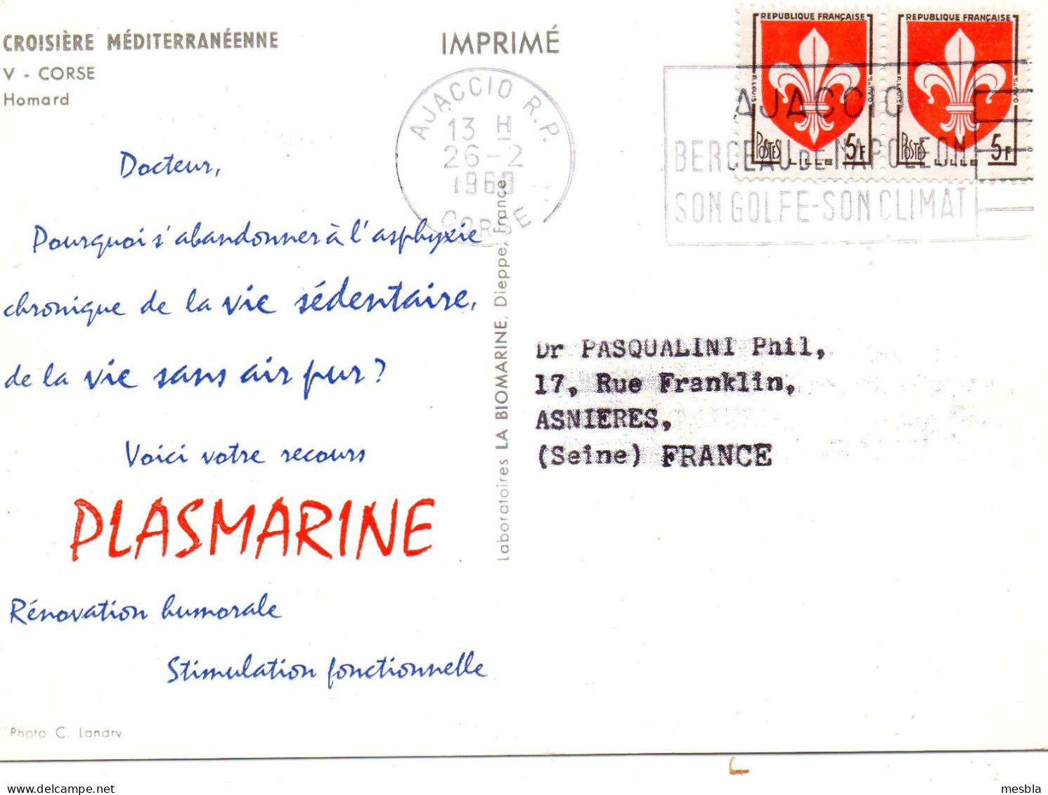 CORSE -  HOMARD - Publicité Pharmaceutique PLASMARINE - Docteur PASQUALINI -  ASNIERES - 1960 - Poissons Et Crustacés