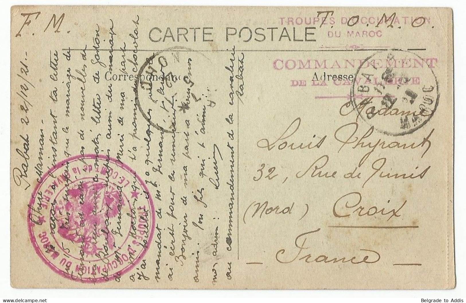 Maroc Rabat Carte Postale 1921 Armée Française - Brieven En Documenten