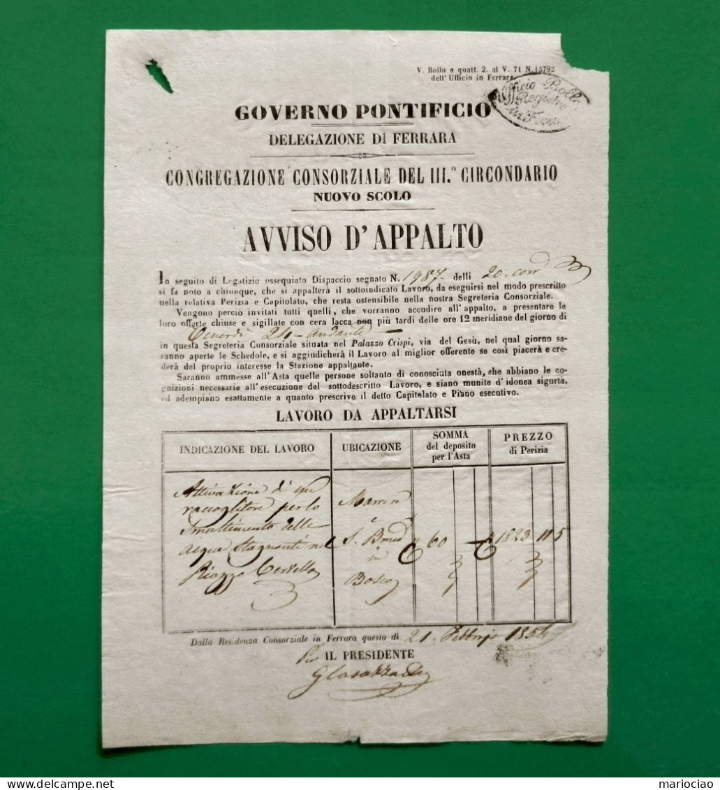 D-IT Governo Pontificio Ferrara Avviso Di Appalto Febbraio 1854 - Documentos Históricos