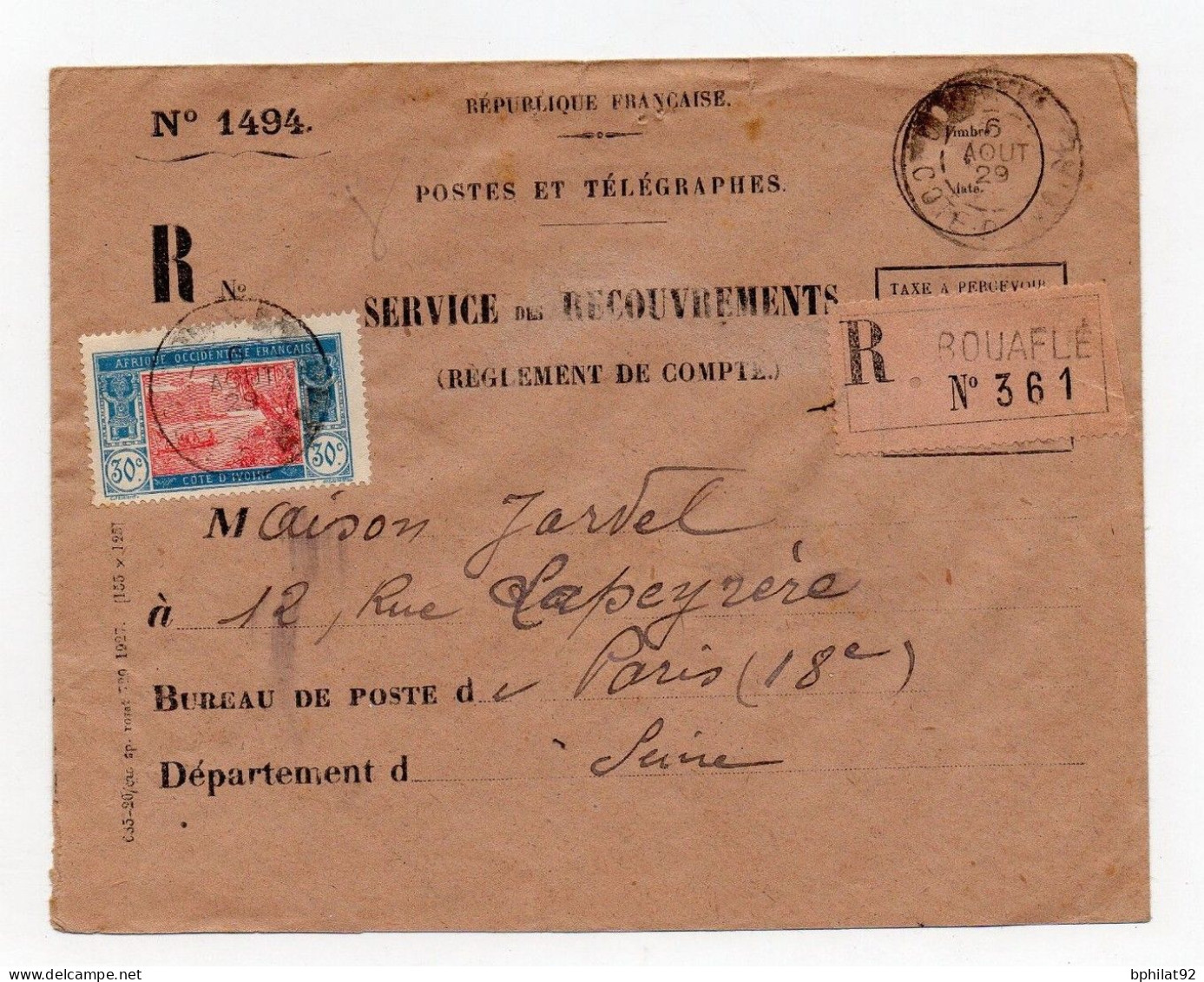 !!! COTE D'VOIRE, LETTRE RECOMMANDEE DE BOUAFLE POUR LA FRANCE DE 1929 - Lettres & Documents