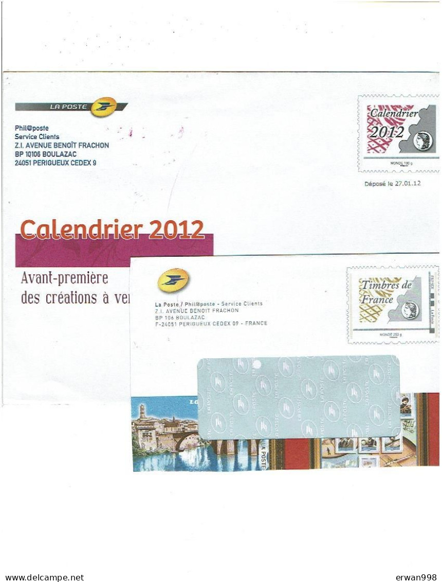 84 BOULAZAC-PERIGUEUX 2 Enveloppes Phil@poste "Calendrier 2012" & Timbres De France  (101) - Enteros Administrativos