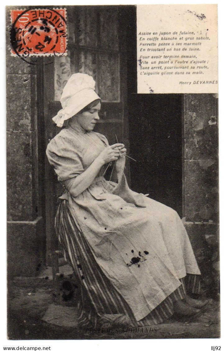CPA Folklore. Costumes Normands (poème D'Henry Devannes) - Jeune Femme Tricotant - Trachten