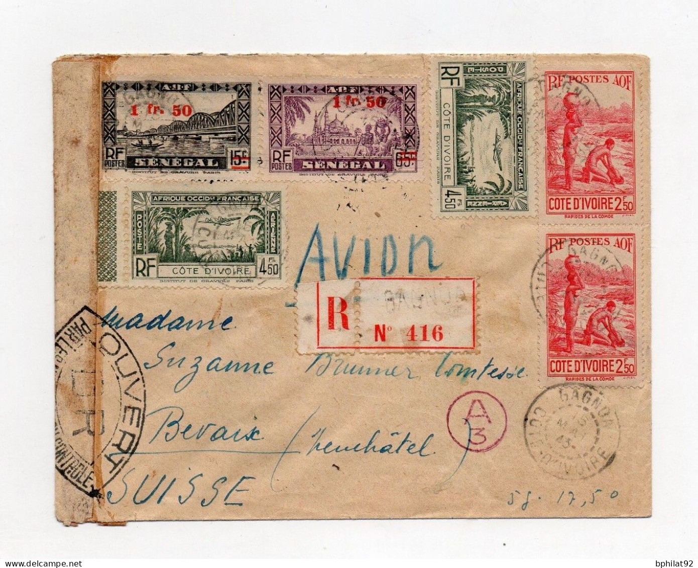 !!! COTE D'VOIRE, LETTRE PÄR AVION DE GAGNOA DE 1945 POUR LA SUISSE, AVEC CENSURE - Lettres & Documents