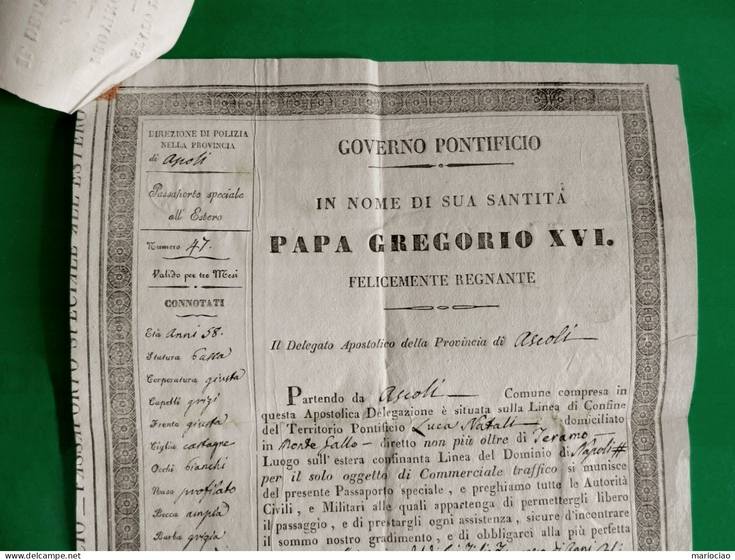 D-IT Governo Pontificio PAPA GREGORIO XVI 1841 Ascoli PASSAPORTO PASSEPORT PASSPORT REISEPASS - Documentos Históricos