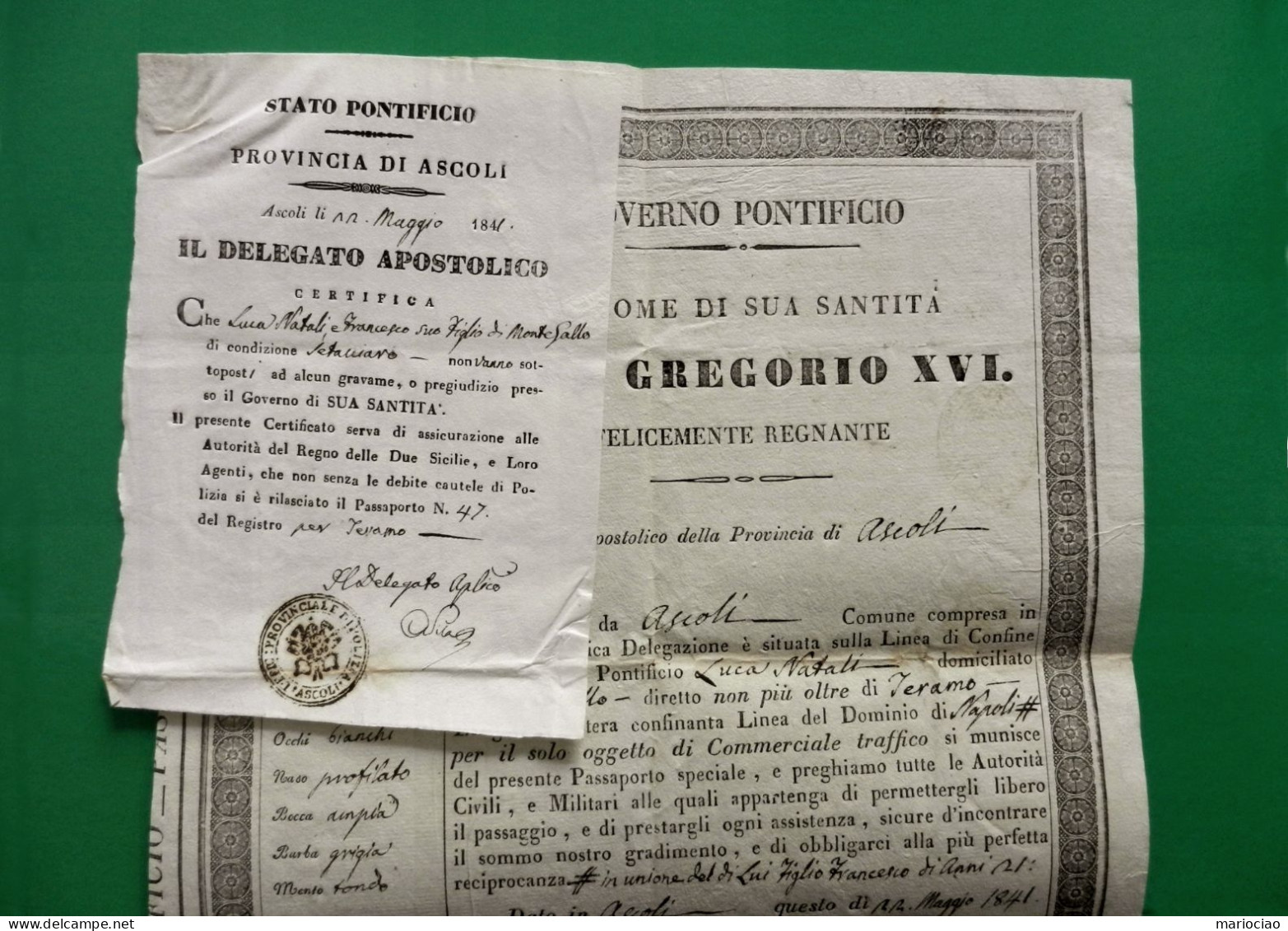 D-IT Governo Pontificio PAPA GREGORIO XVI 1841 Ascoli PASSAPORTO PASSEPORT PASSPORT REISEPASS - Historische Documenten