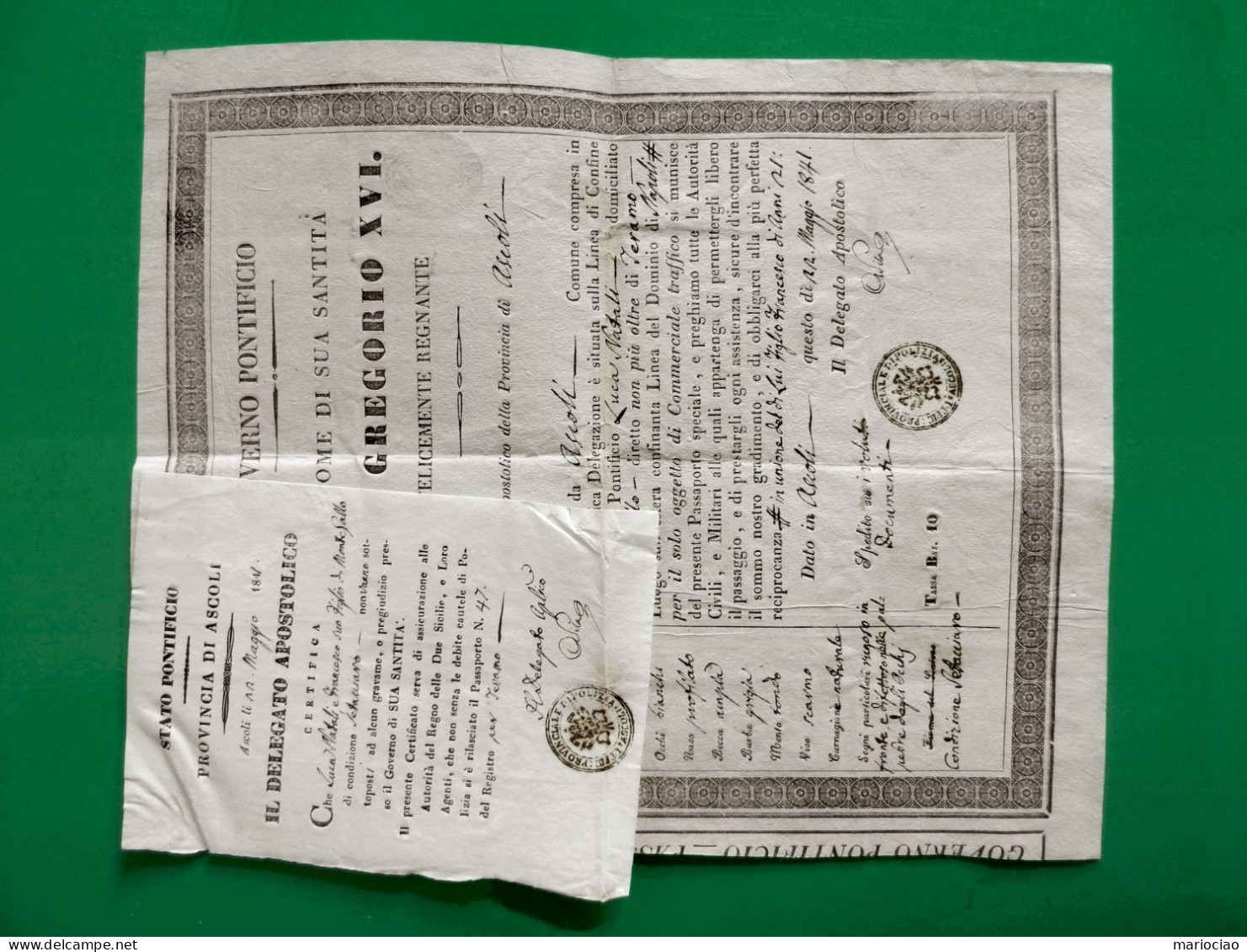 D-IT Governo Pontificio PAPA GREGORIO XVI 1841 Ascoli PASSAPORTO PASSEPORT PASSPORT REISEPASS - Historische Documenten