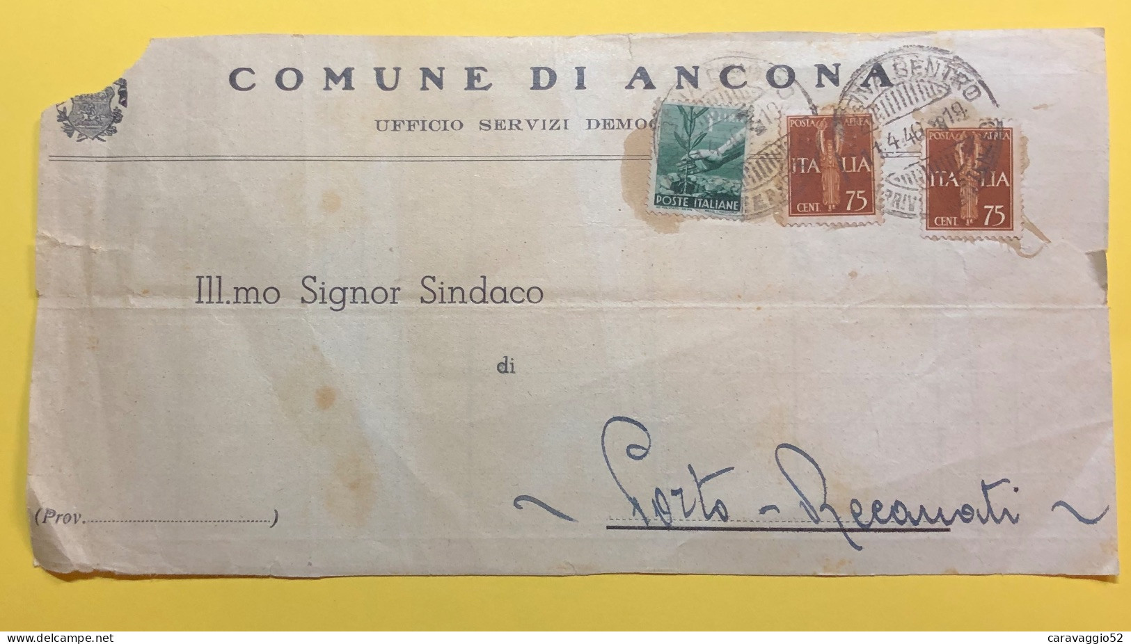 1946 ANCONA X P.RECANATI SU FRONTE PIEGO CON AFFFANCATURA MISTA - Poststempel