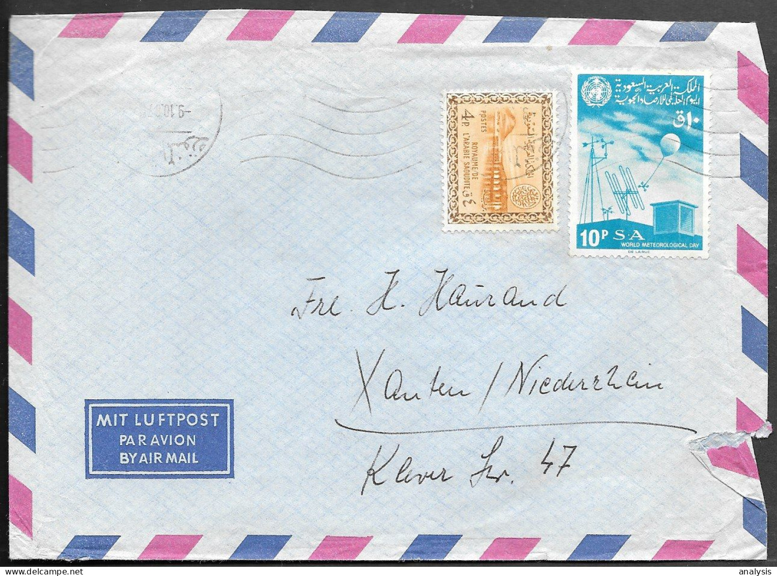 Saudi Arabia Medina Cover Mailed To Germany 1987. 14P Rate World Meteorological Day Stamp - Arabia Saudita