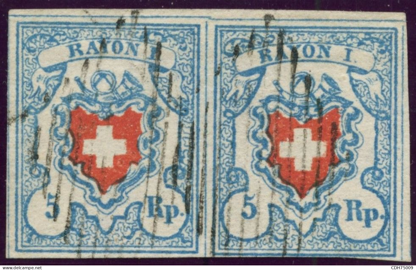 SUISSE - SBK 17II  5 RAPPEN BLEU CROIX NON ENCADREE PAIRE POSITION 5 ET 6 - OBLITEREE - 1843-1852 Federal & Cantonal Stamps