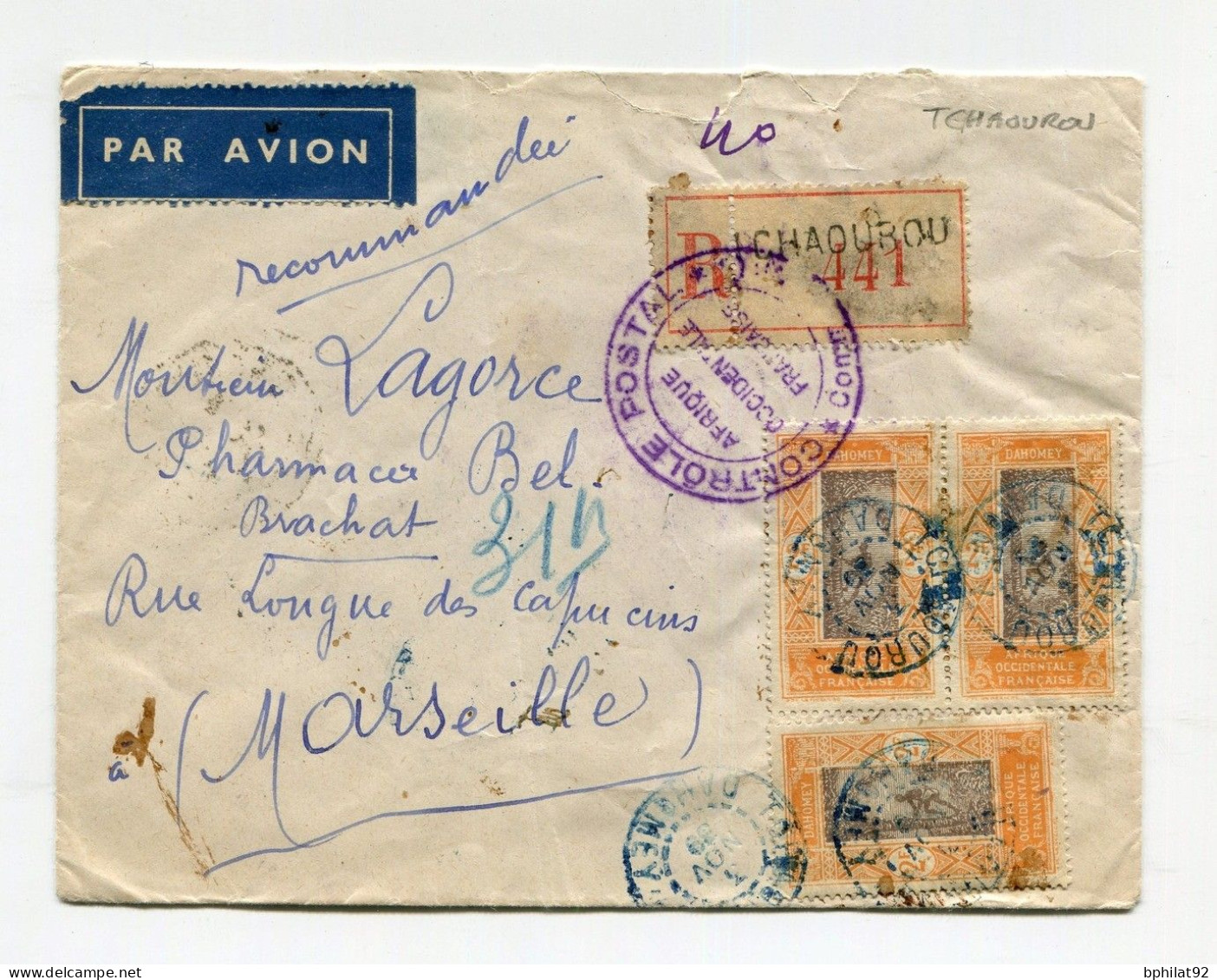 !!! DAHOMEY, LETTRE RECO PAR AVION DE TCHAOUROU POUR LA FRANCE DE 1939 AVEC CENSURE - Cartas & Documentos
