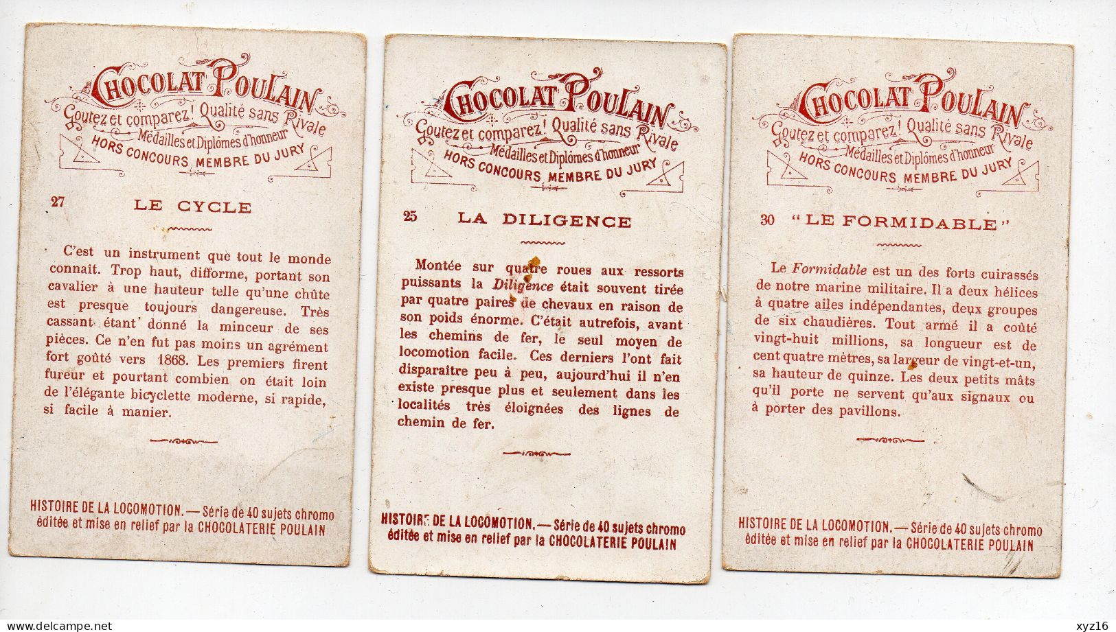 Lot De 3 Chromos Chocolat Poulain Histoire De La Locomotion - Poulain