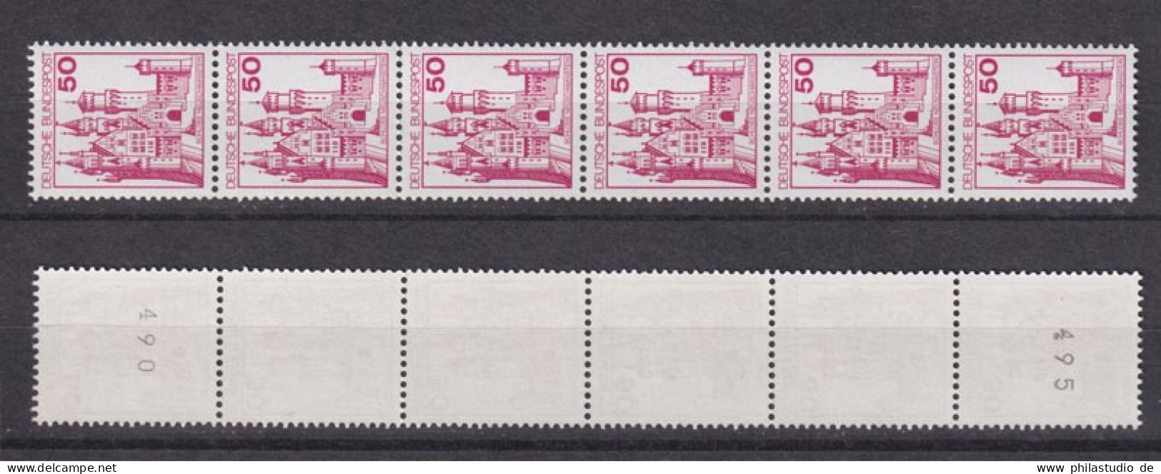 Bund 916 RM RA 6er Streifen Burgen+Schlösser 50 Pf Postfrisch  - Roller Precancels