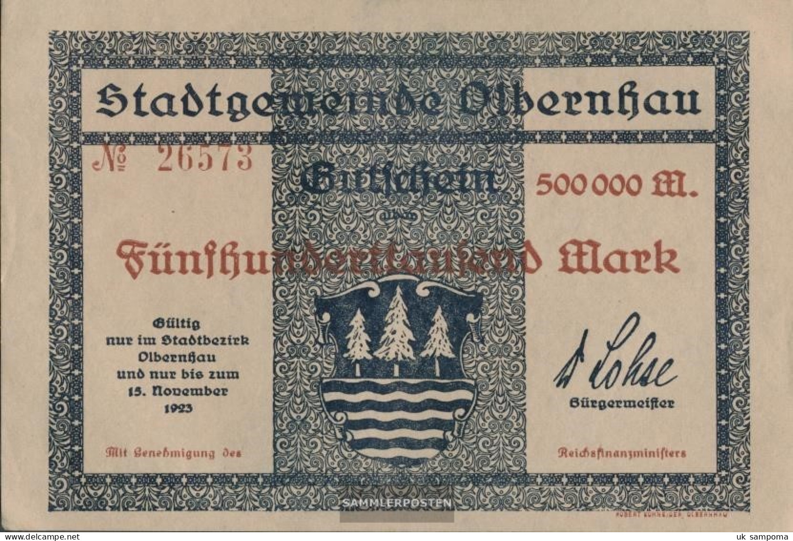 Olbernhau Inflationsgeld Municipality Olbernhau Used (III) 1923 500.000 Mark - 500000 Mark