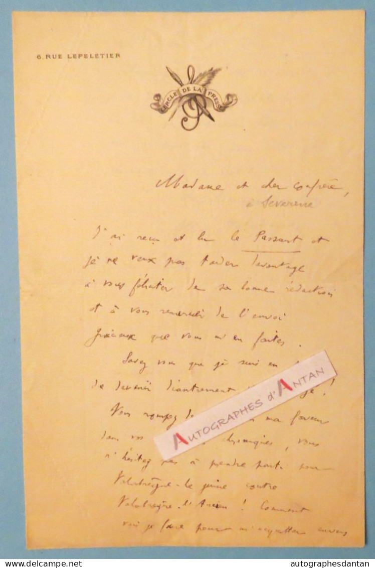 ● L.A.S Albin VALABREGUE écrivain Philosophe Librettiste Né Carpentras Cercle De La Presse Le Passant Lettre Autographe - Writers