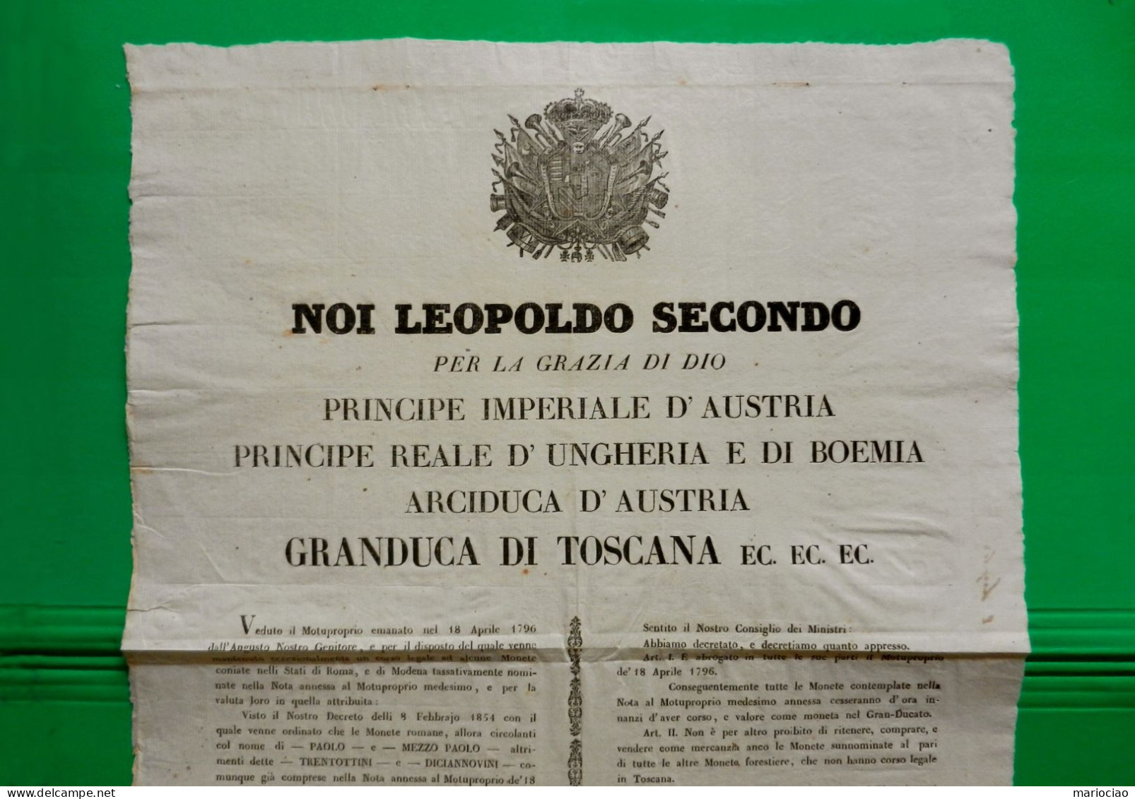 D-IT Granducato Di Toscana 1856 Monete Che Cessano Corso Legale MOTUPROPRIO - Historische Documenten