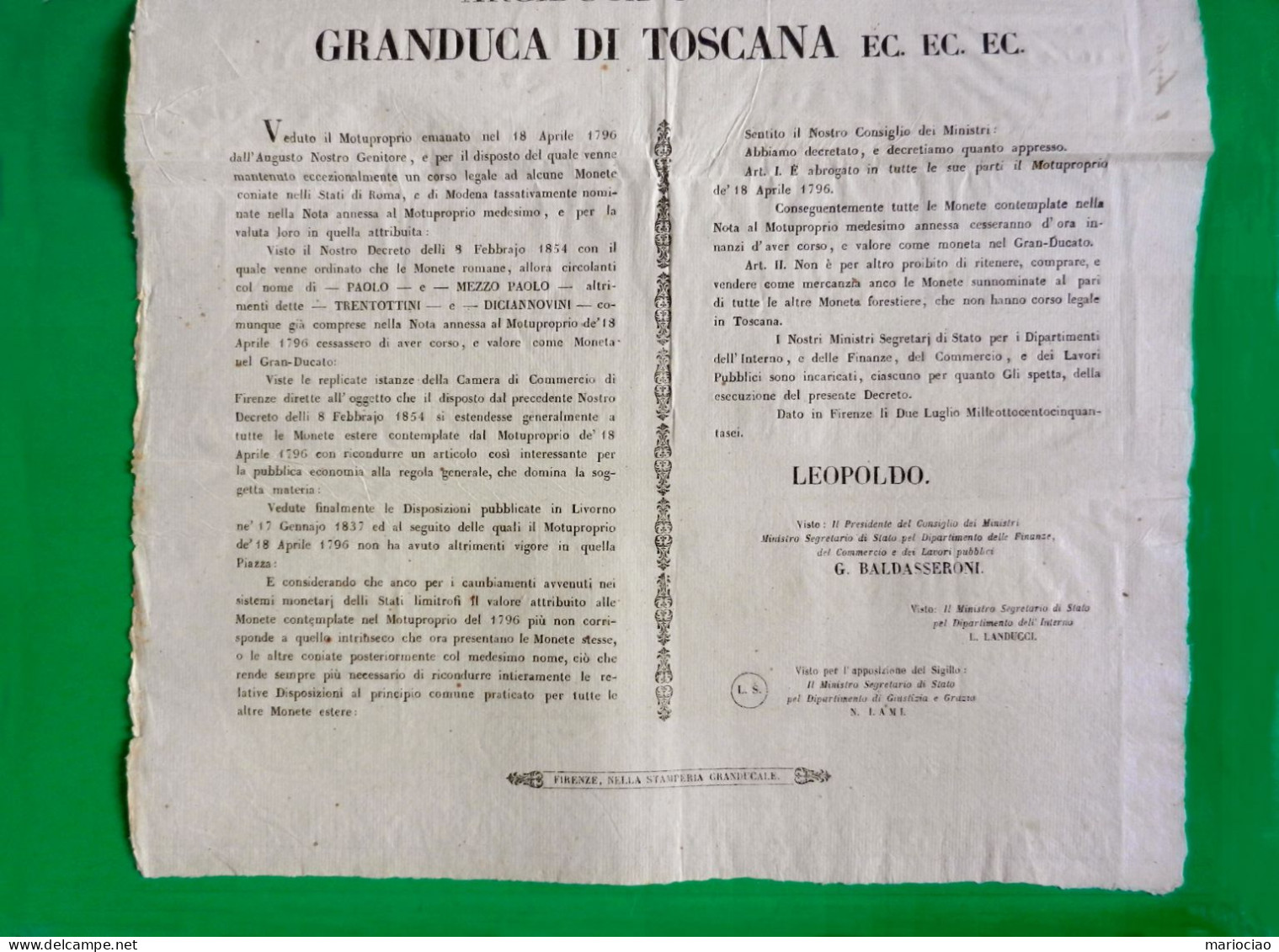 D-IT Granducato Di Toscana 1856 Monete Che Cessano Corso Legale MOTUPROPRIO - Historische Documenten