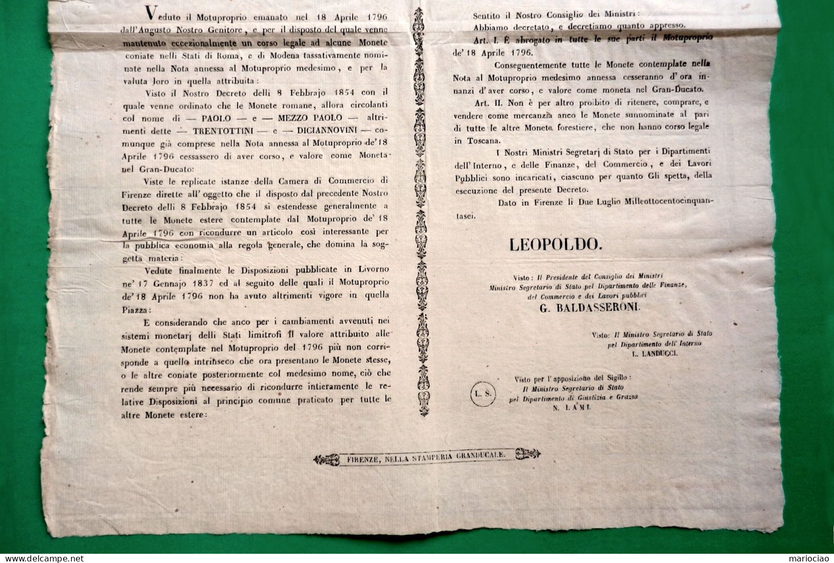 D-IT Granducato Di Toscana 1856 Monete Che Cessano Corso Legale MOTUPROPRIO - Historische Documenten