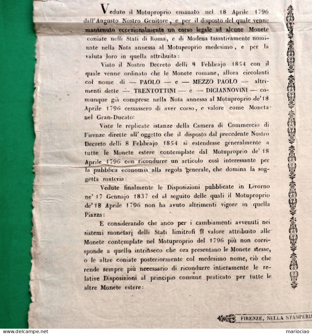 D-IT Granducato Di Toscana 1856 Monete Che Cessano Corso Legale MOTUPROPRIO - Historische Documenten