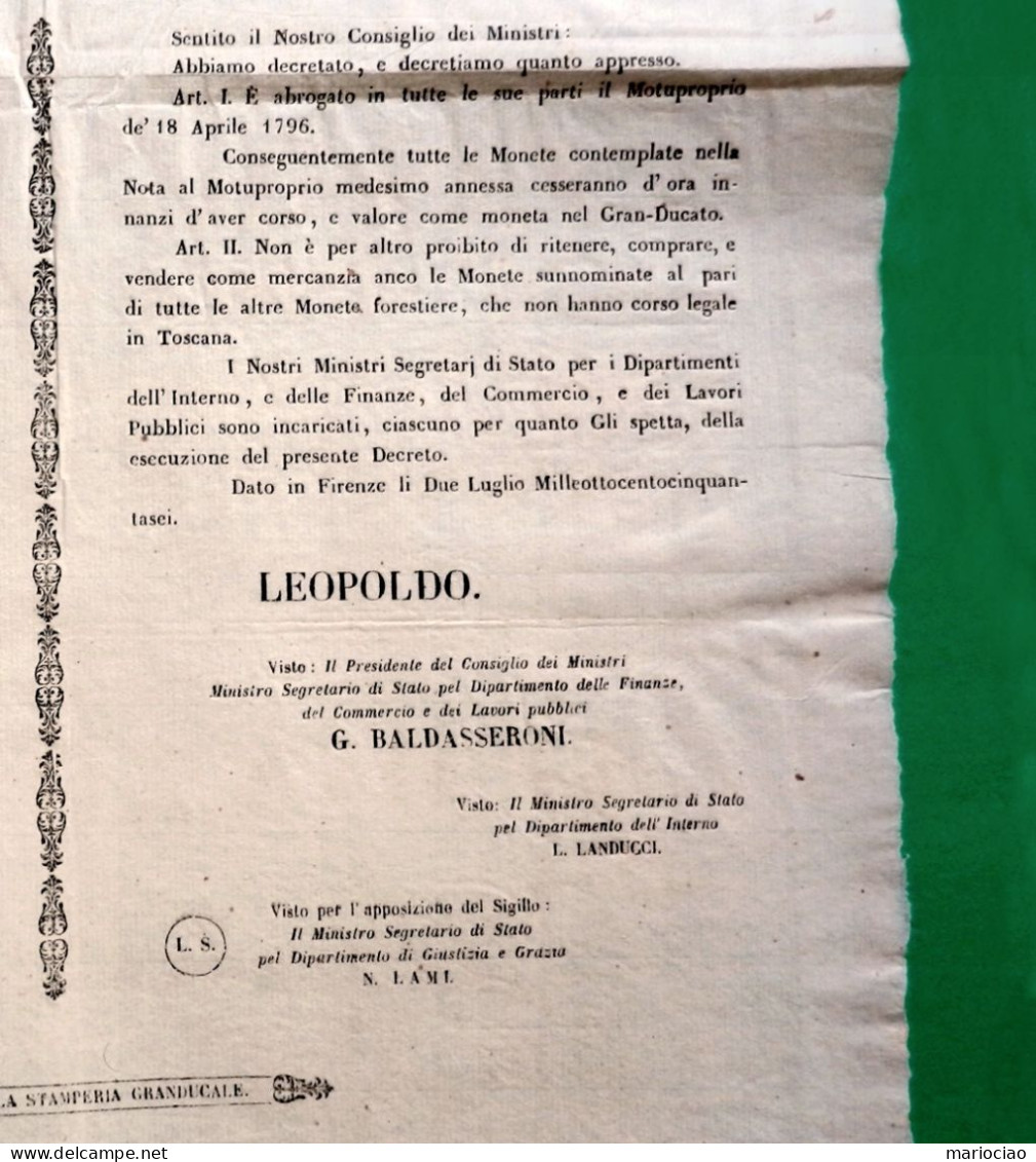 D-IT Granducato Di Toscana 1856 Monete Che Cessano Corso Legale MOTUPROPRIO - Historische Documenten