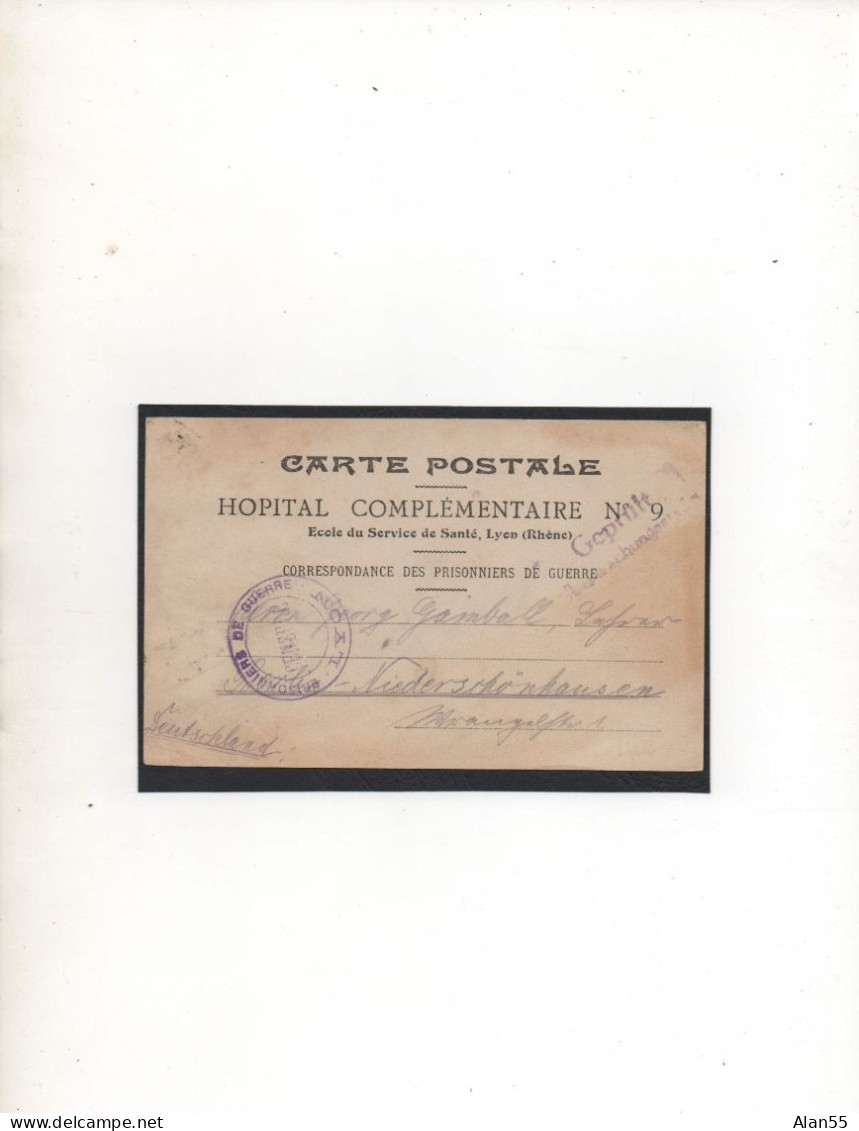 FRANCE,1918,PRIS.GUERRE « HOPITAL COMPLEMENTAIRE N°9-LYON » (RHONE) DOUBLE CENSURE - WW I