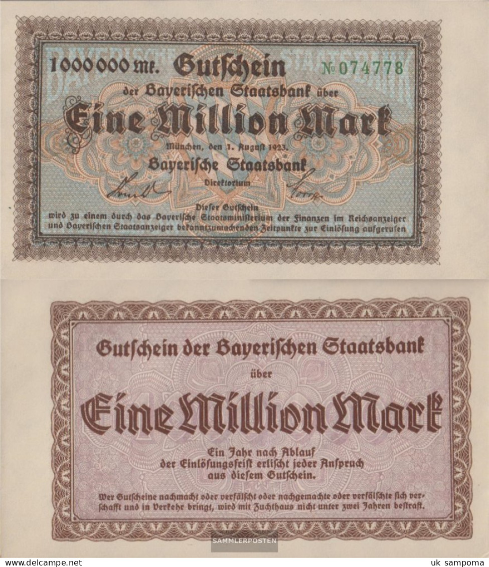 Bavaria Inflationsgeld Bavarian Staatsbank Slightly Used (II) 1923 1 One Million Mark - 1 Million Mark