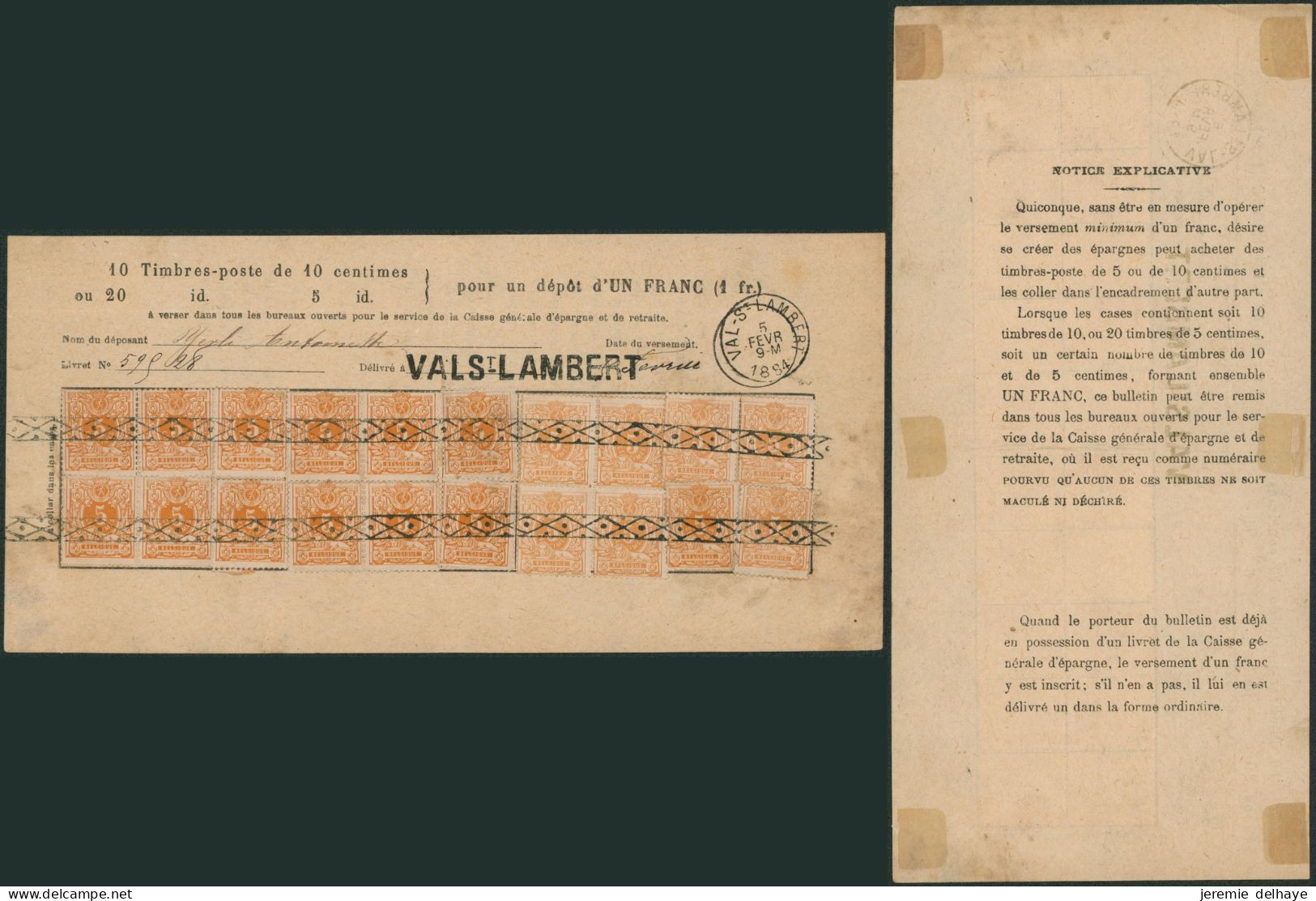 N°28 X20 (2 Nuances) Sur Bulletin Caisse Général D'épargne Et De Retraite Obl S.C. + Griffe VAL-ST-LAMBERT (1884) - 1869-1888 Liggende Leeuw