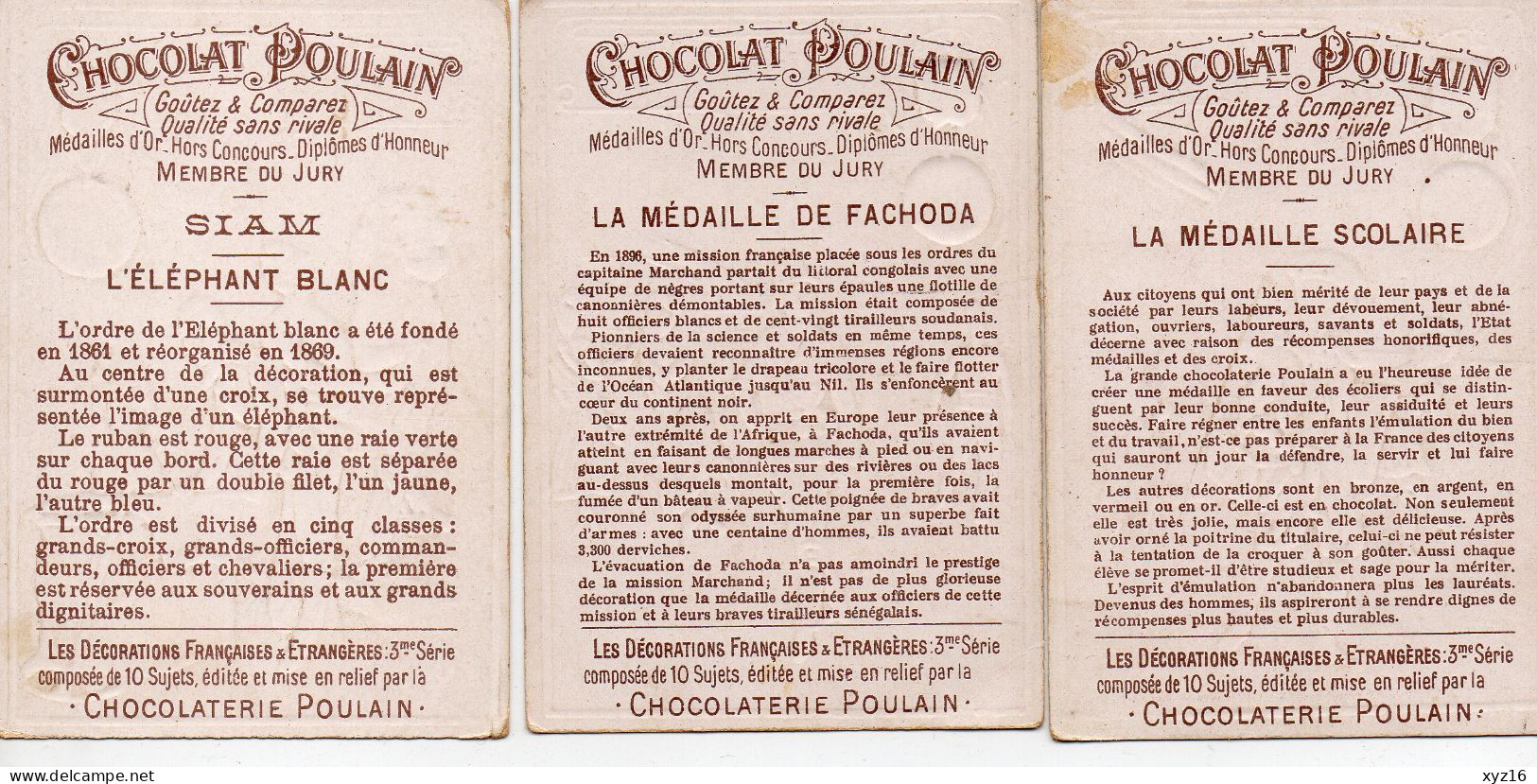 Lot De 3 Chromos Chocolat Poulain Les Décorations Françaises & Etrangères - Poulain