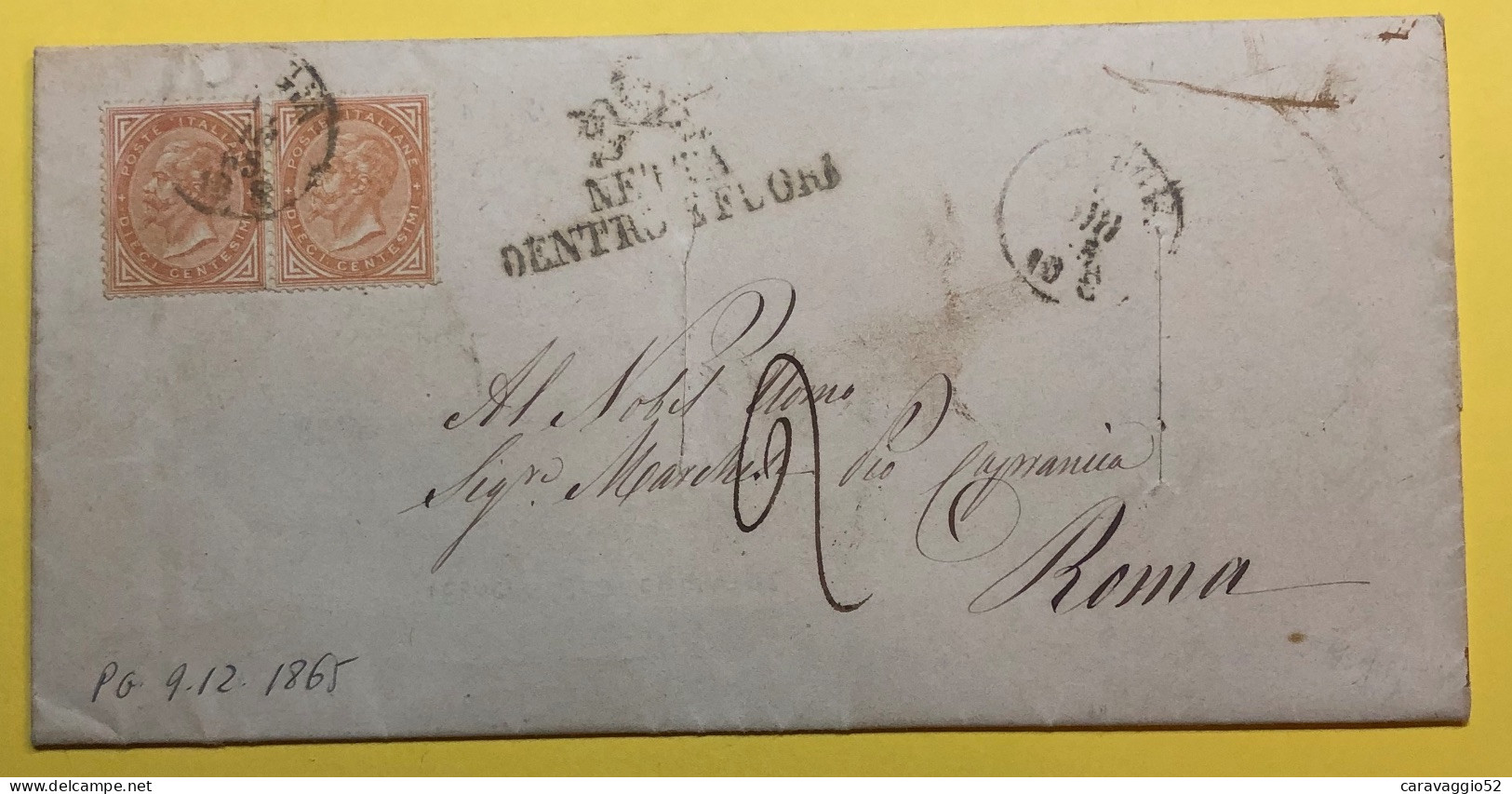 1865 PERUGIA 10 CENT D.L.R. COPPIA SU LETTERA DISINFETTATA CON BOLLO E TAGLI X ROMA - Storia Postale