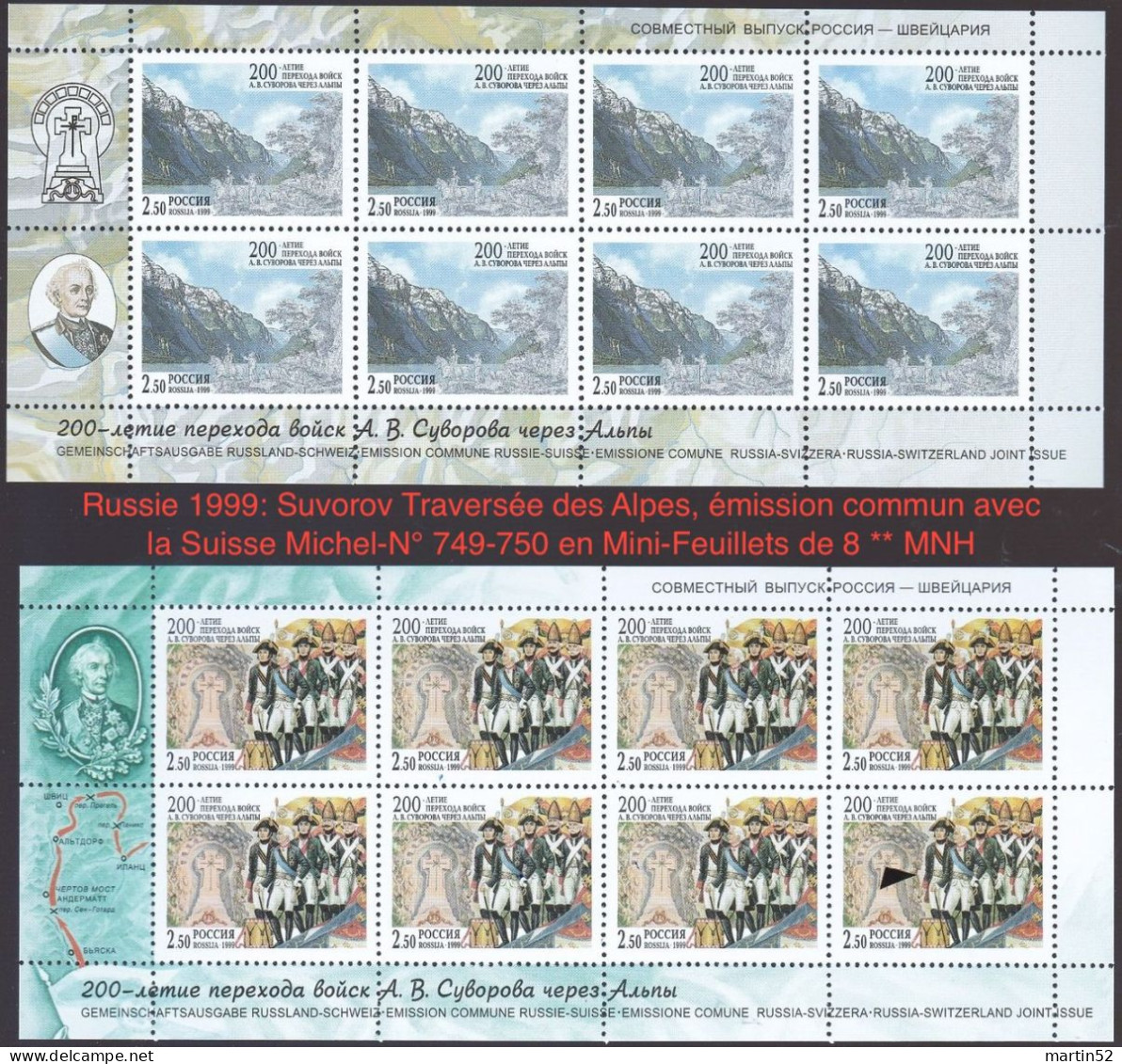 Russie 1999: Suvorov Traversée Des Alpes, émission Commun Avec La Suisse Michel-N° 749-750 En Mini-Feuillets De 8 ** MNH - Joint Issues