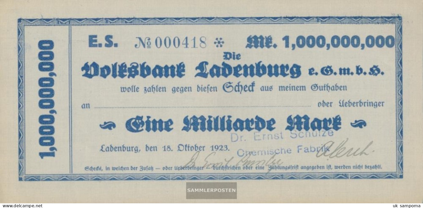 Ladenburg Scheck The City Ladenburg Used (III) 1923 1 Billion Mark - 1 Milliarde Mark