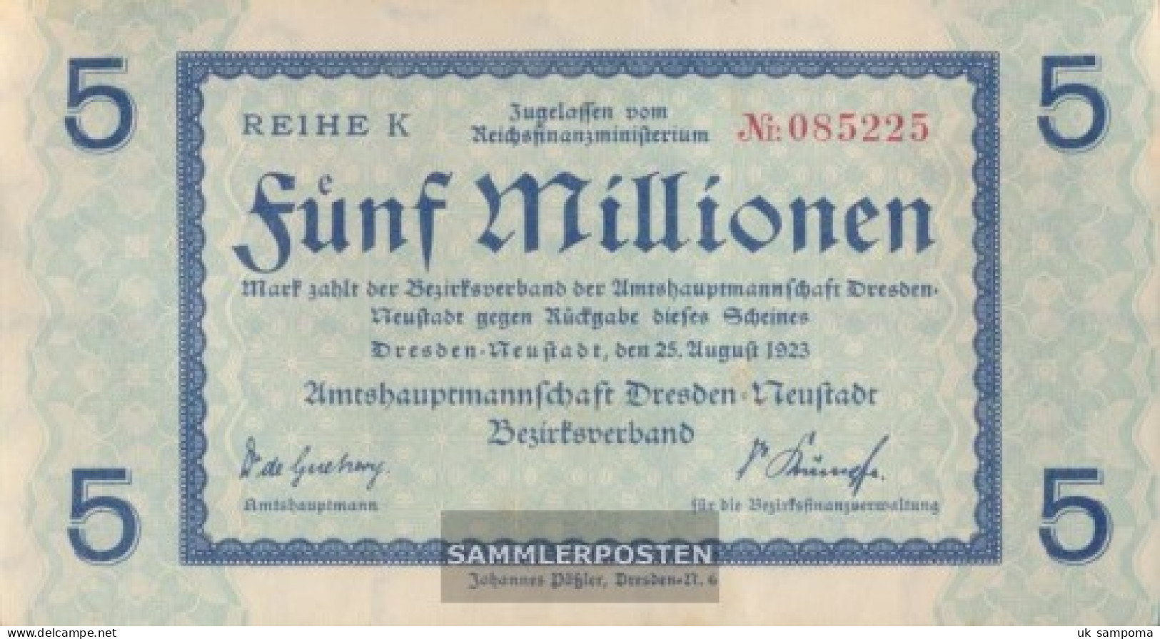 Dresden-Neustadt Inflationsgeld City Dresden-Neustadt Used (III) 1923 5 Million Mark - 5 Miljoen Mark