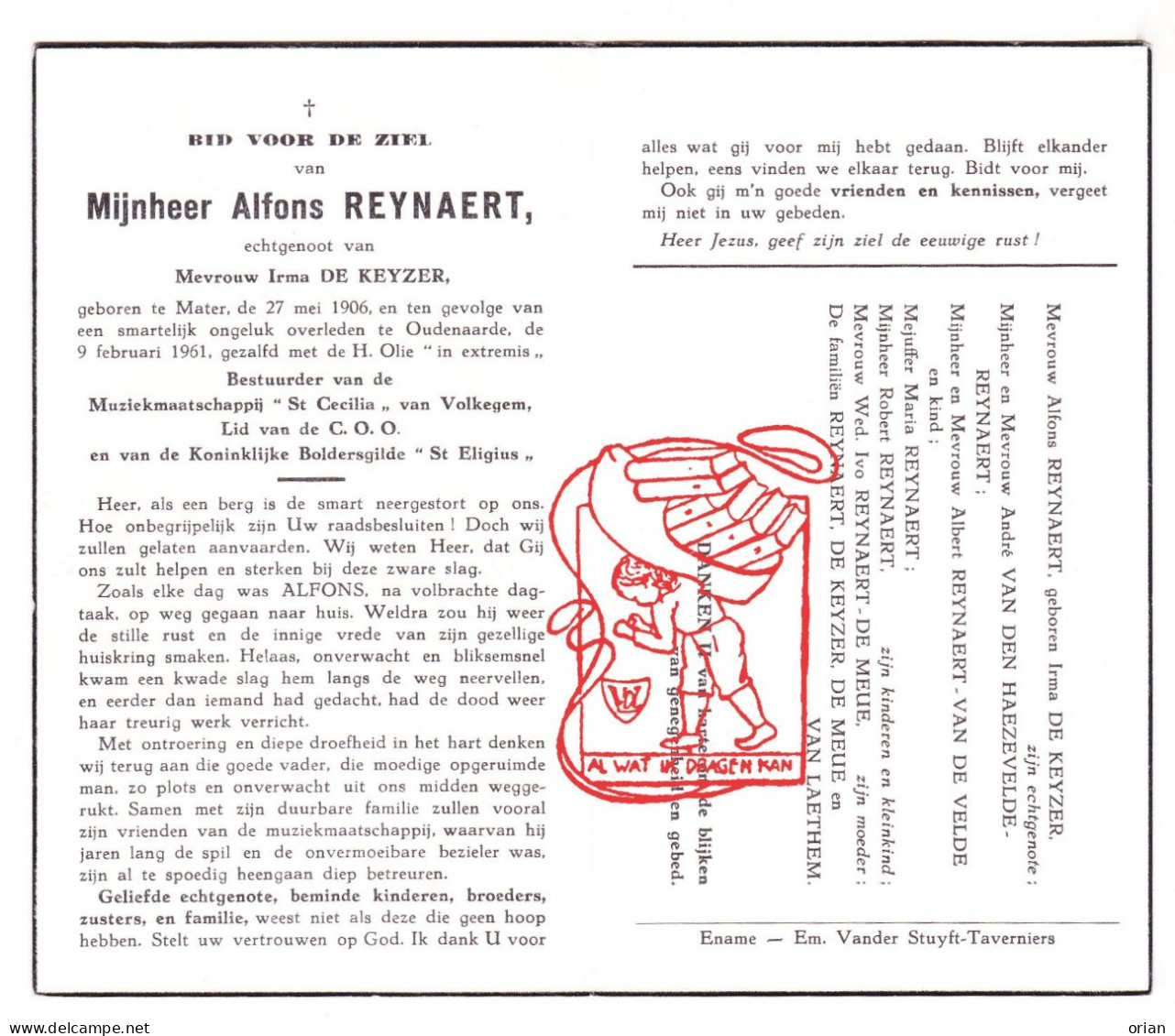 DP Alfons Reynaert 54j. ° Mater 1906 † Oudenaarde 1961 De Keyzer // Van Den Haezevelde Vandevelde De Meue Van Laethem - Devotieprenten