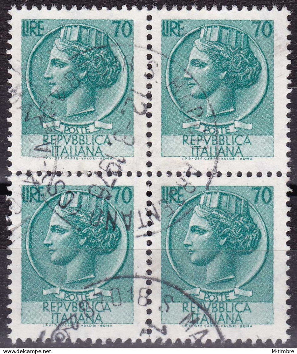 Italie YT 1004 Mi 1264 Année 1968-72 (Used °) (Filigrane étoile) Monnaie De Syracuse (Bloc De 4) (2 Scan) - 1946-60: Afgestempeld