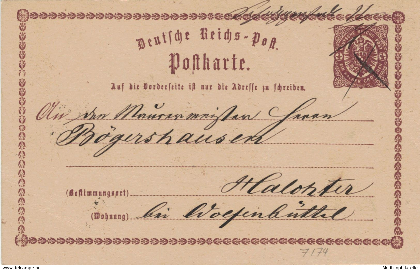 Ganzsache 1/2 Groschen - Briefträgerentwertung 1874 > Maurermeister Bögershausen Halchter Wolfenbüttel - Postcards