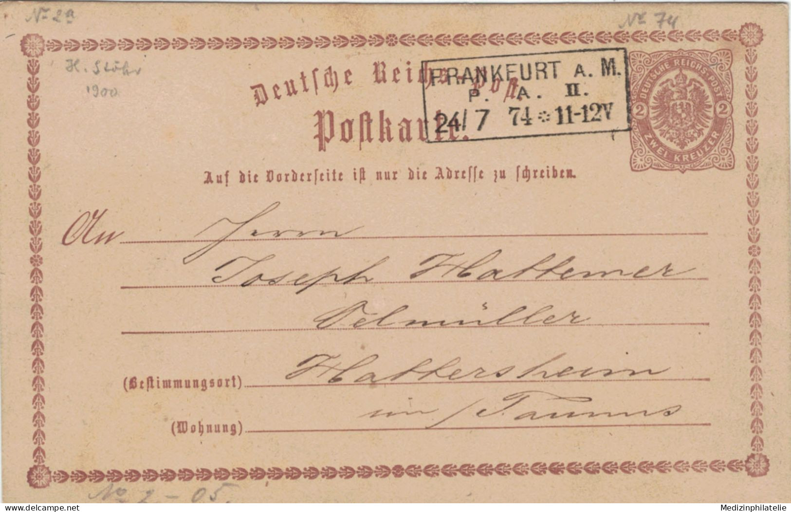 Ganzsache 2 Kreuzer - Frankfurt Main 1874 > Hattemer Hattersheim - Briefkaarten
