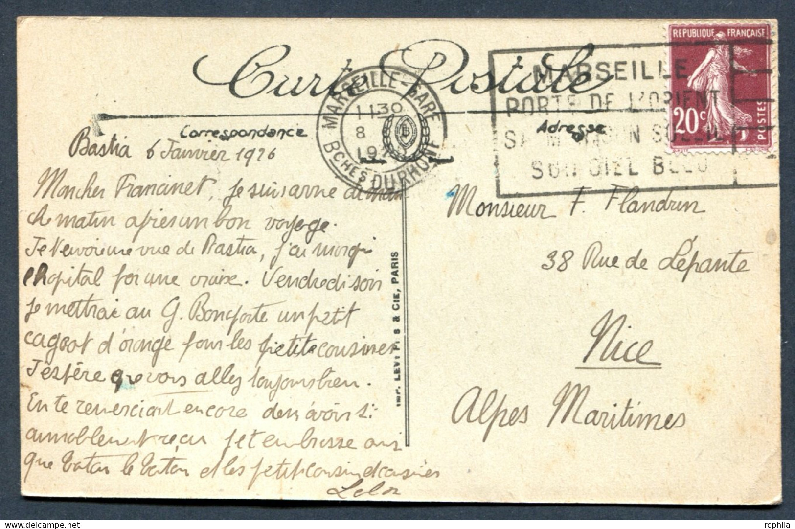 RC 27593 FRANCE 1926 CARTE ECRITE DE BASTIA CORSE POSTÉE À L'ARRIVÉE À MARSEILLE - Schiffspost