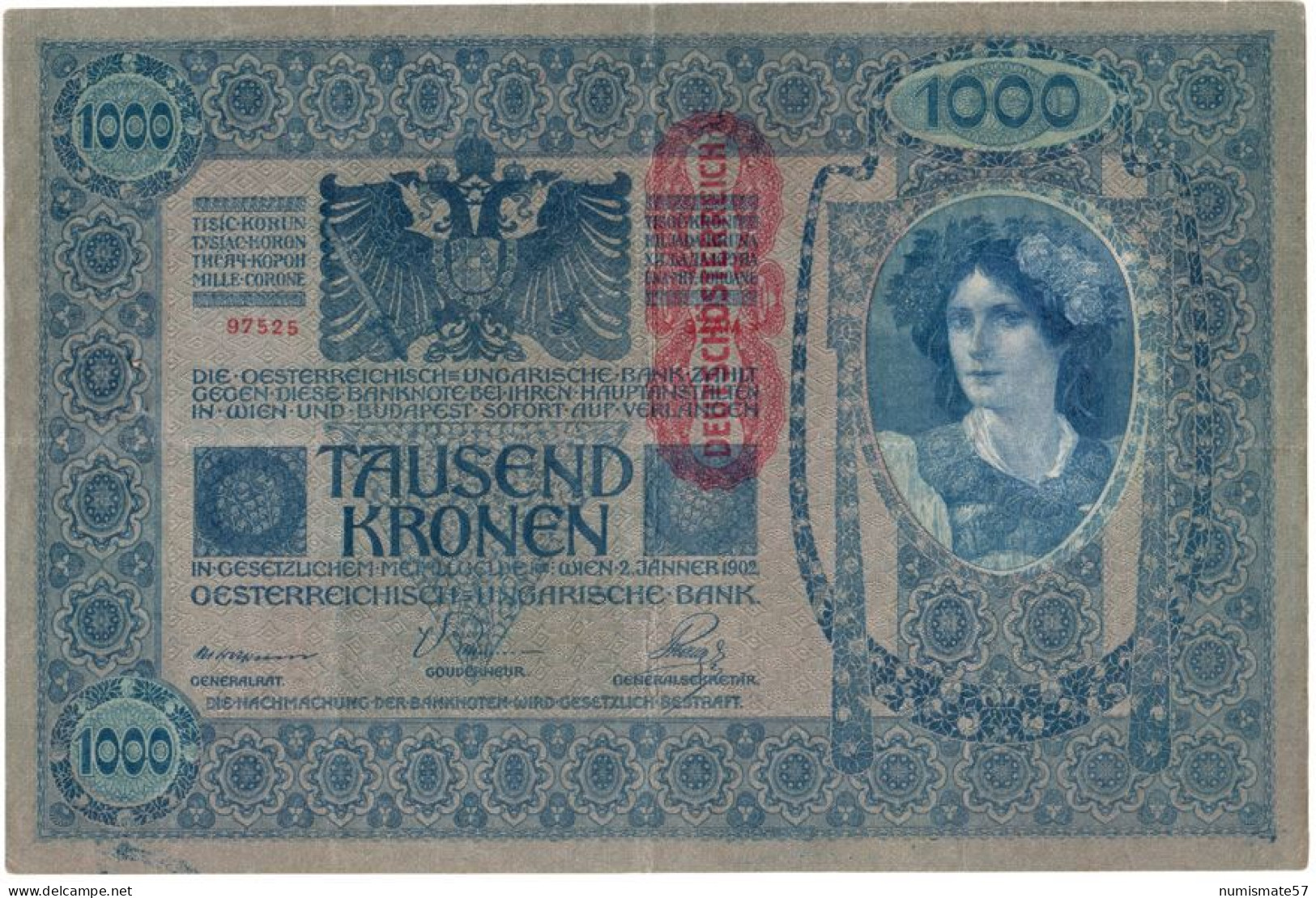 AUTRICHE - AUSTRIA - BILLET 1000 KRONEN 1902 Avec Surcharge Rouge "Deustschosterreich" - ( KK# 141 - P# 59 ) - Oesterreich