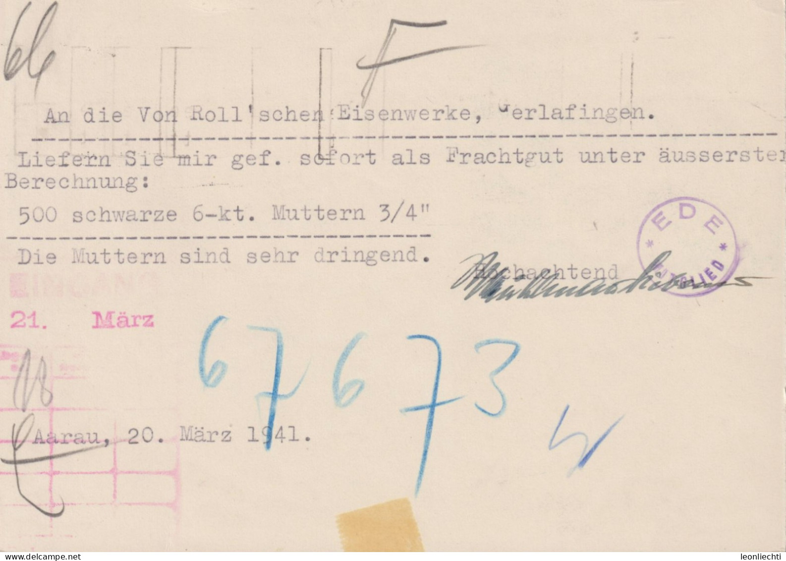 1941 Werbekarte Für Die 25. Mustermesse In Basel, Zum: 153 10 Cts  ⵙ Aarau Briefamt - Entiers Postaux